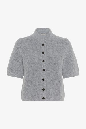 Helehall lühikeste varrukatega kootud kardigan, millel on kõrge krae ja seitse musta nuppu ees.