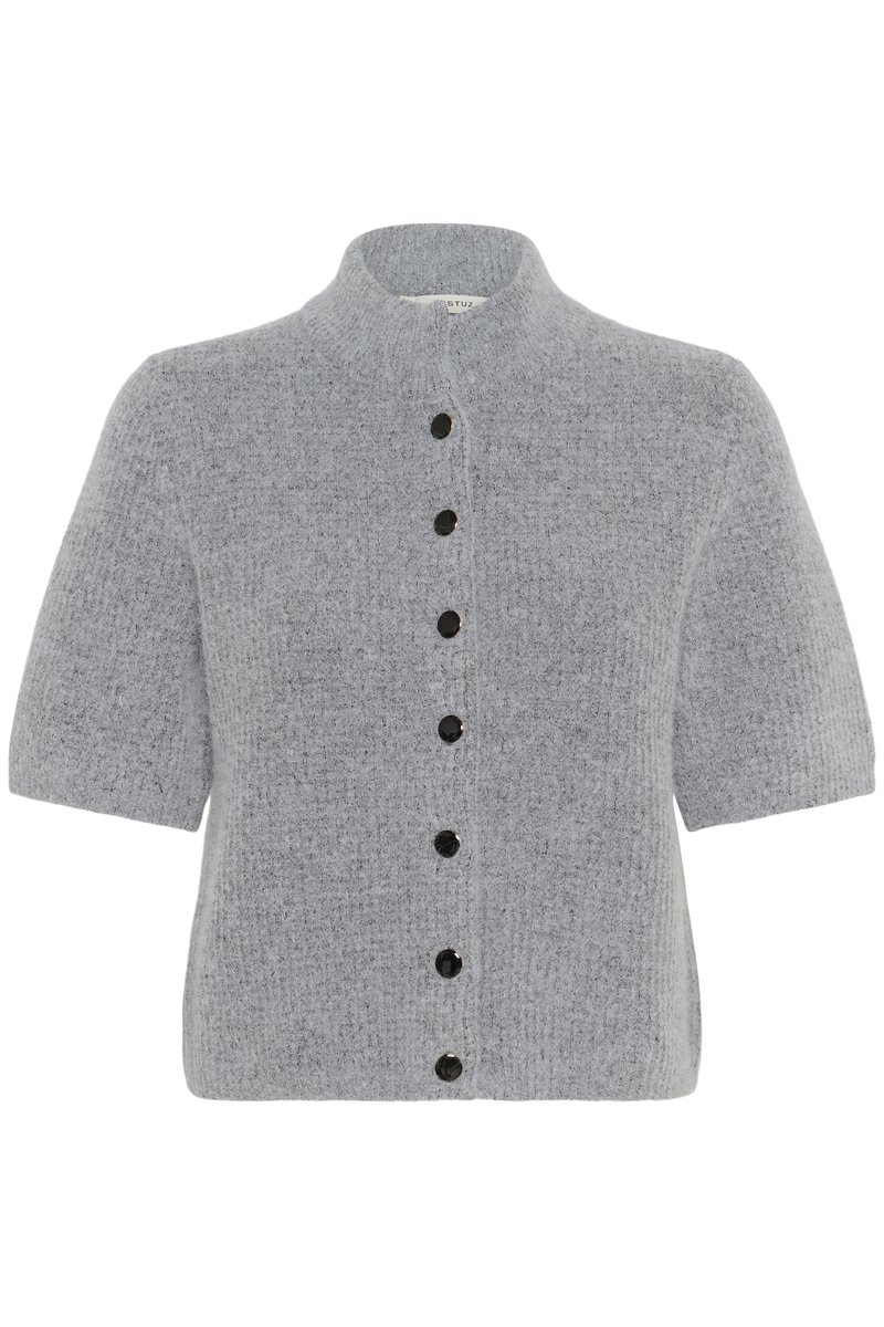 Light grey short-sleeve knit cardigan with a high collar and seven black buttons down the front.
