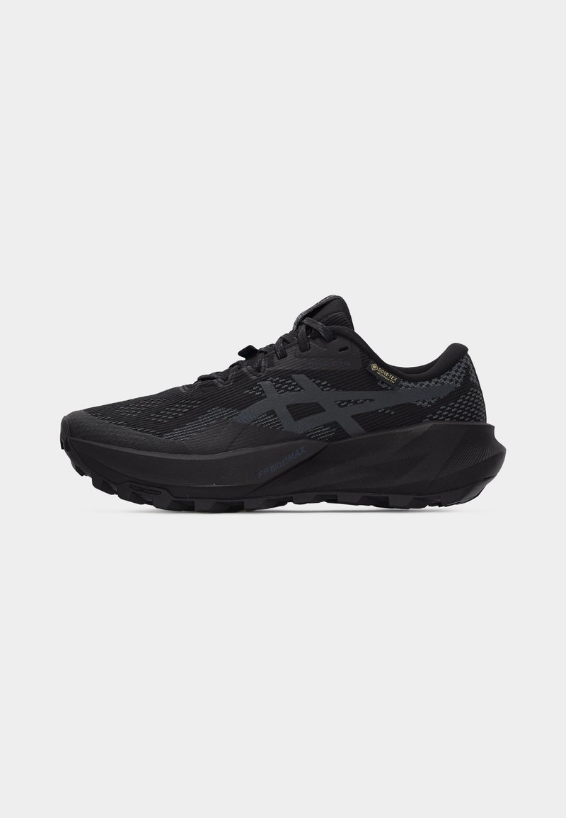 Chaussure de course noire avec tige en mesh respirant, semelle texturée et bandes latérales marquées, conçue avec la technologie imperméable Gore-Tex.