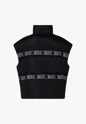 Czarna bezrękawnikowa kamizelka puchowa z wysokim kołnierzem i dwoma poziomymi paskami z logo "BIZUU" wokół górnej i środkowej części pleców.