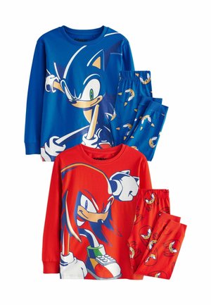 Conjunto de pijama con temática de Sonic que incluye una camiseta de manga larga azul con un gráfico y pantalones rojos. Algodón suave, colores vibrantes, gráficos de personajes y cintura elástica.