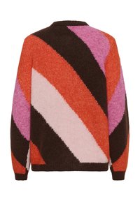 Knitted sweater with a crew neck featuring diagonal stripes in orange, pink, dark brown, and light pink. Soft and textured fabric.