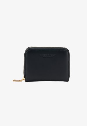 Black leather wallet with gold-tone zipper, embossed logo, rectangular shape, smooth texture, and a detachable clip for convenience.