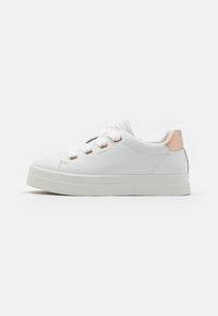 White sneakers with a smooth leather upper, textured rubber sole, and subtle rose gold accents on the heel and eyelets. Lace-up design.