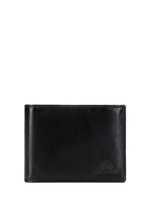 Portafoglio bifold in pelle nera con texture visibile e logo del marchio discretamente in rilievo nell'angolo in basso a destra.