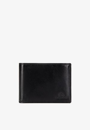Black leather bifold wallet with visible texture and subtle embossed brand logo in the bottom right corner.