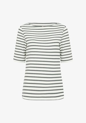 Gestreiftes Kurzarm-Oberteil in Weiß und Grau, mit geripptem Textur und weitem Ausschnitt, sowie horizontalen Streifen in variierender Breite.