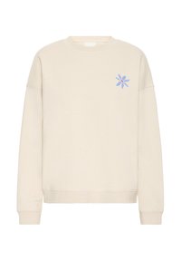 Sweatshirt beige clair à col rond en tissu doux. Présente un motif floral bleu sur la poitrine gauche ainsi que des poignets et un ourlet côtelés.