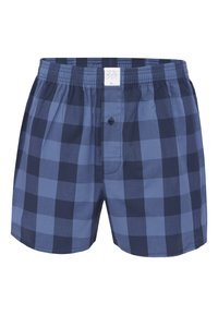 Boxers à carreaux bleus en coton, avec une taille élastique, une ouverture à bouton et une poche à l'avant.