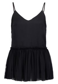 Svart utan ärmar topp med V-ringning, med en figursydd kropp och en rynkad, genomskinlig tulle-nedre del. Slät tyg med en lätt textur.