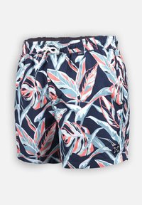Short de bain bleu marine avec motif feuilles tropicales corail et bleu clair, taille élastique, cordon blanc et écusson logo Oxbow.