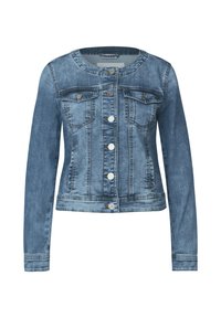 Jeansjacka, ljusblå, kort design, långa ärmar, knäppning med knappar, två bröstfickor med metalldetaljer, texturerad tyg.