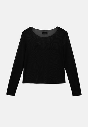 Haut noir à manches longues en mesh transparent avec encolure ronde et motif texturé subtil sur la poitrine.