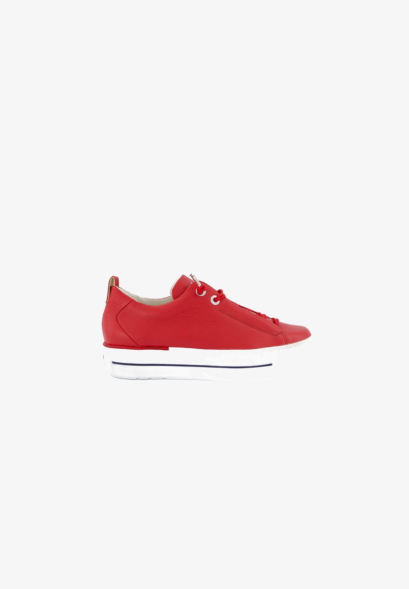 Red leather sneaker with a low profile, white rubber sole, and tonal laces. Features metallic eyelets and a subtle logo on the heel.