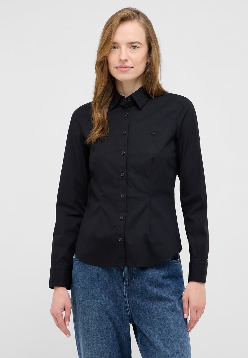 Black button-up shirt made of cotton with a fitted design, pointed collar, and a small logo on the chest. Long sleeves and smooth texture.