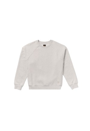 Sweatshirt gris clair avec des manches raglan, des poignets côtelés, un col rond et une petite étiquette en bas de l'ourlet. Tissu doux et texturé.