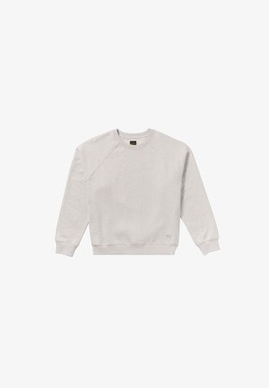 Ljusgrå sweatshirt med raglanärmar, ribbade muddarna, rundad halsringning och en liten etikett vid nederkanten. Mjuk, texturerad tyg.