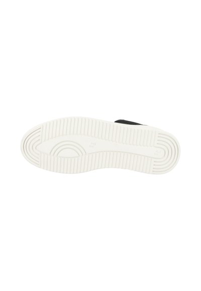 Black sneaker with a textured upper and a white rubber sole featuring a patterned tread for grip. Minimalistic design and durable materials.