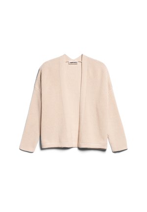 Beigefarbener gestrickter Cardigan mit offenem Vorderteil, langen Ärmeln, gerippten Bündchen und lockerer Passform, auf weißem Hintergrund dargestellt.