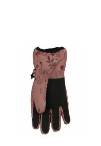 Rózsaszín szövet kertészkesztyűk virágmintával, fekete texturált tenyérrel, elasztikus mandzsettákkal és állítható kapoccsal a biztos illeszkedésért.