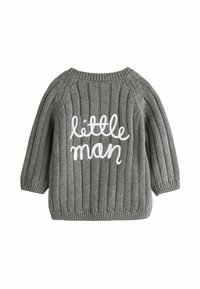 Maglione grigio a coste con maniche lunghe e scollatura rotonda. Presenta un testo ricamato bianco "little man" sulla parte sul retro, esaltando il suo design.