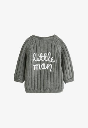 Suéter gris de canalé con mangas largas y escote redondeado. Presenta texto bordado en blanco que dice "little man" en la parte posterior, acentuando su diseño.