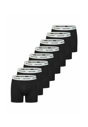 Set di otto boxer neri in materiale elasticizzato. Ognuno presenta una fascia elastica bianca con il logo "ONLY & SONS".