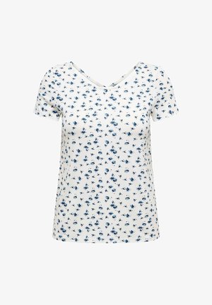 T-shirt met korte mouwen en V-hals, gemaakt van zacht stof, met een witte achtergrond en een blauw bloemenpatroon over het hele oppervlak.