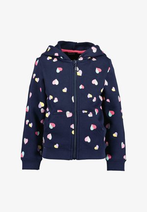 Donkerblauwe capuchontrui voor kinderen met ritssluiting, multicolor hartjespatronen, steekzakken aan de voorkant en geribbelde boorden aan mouwen en zoom.