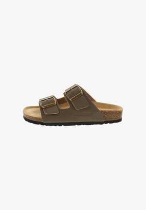 Sandalo aperto marrone con due cinturini regolabili con fibbia, sottopiede in sughero e suola nera scanalata, visto di lato.