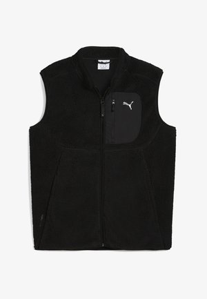 Svart fleeceväst med dragkedja framtill, hög krage och en bröstficka med dragkedjestängning; inkluderar en logotyp på fickan.