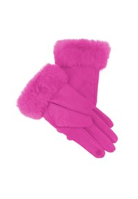 Guanti in pelliccia sintetica rosa con polsino trapuntato, caratterizzati da una finitura liscia e una texture uniforme. I guanti hanno un colore vivace e un morbido dettaglio decorativo.