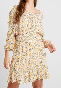 Kukkamekko vaaleanpunaisena pastellisävyssä, jossa on keltaisia ja vihreitä lehtikuvioita. Varustettu smokkiverhoillulla yläosalla, pitkillä pullistetuilla hihoilla ja röyhelömäisellä helmalla.