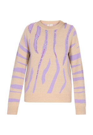 Bézs pulóver lila tigriscsíkokkal, flitter díszítéssel. Klasszikus kerek nyak és bordás mandzsetta, valamint szegély. Puha kötött anyag.