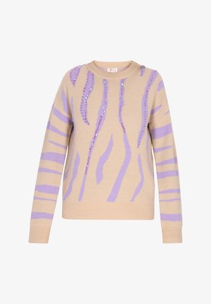 Bež jakk, millel on lilla tiigri triibud ja mis on kaunistatud suledega. Klassikaline ümar kaelus ning ribakudumi mansetid ja alläär. Pehme kudumismaterjal.