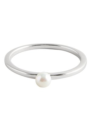 Thin silver ring with a single small white pearl centered on the band against a white background.