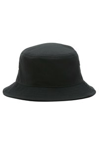 Black bucket hat made of cotton. Features a round top, wide curved brim, and stitched detailing along the edge. Smooth texture.