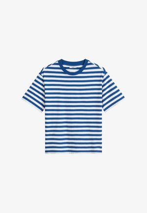 Blue and white striped t-shirt made of cotton, short sleeves, round neck, featuring horizontal stripes of varying widths.