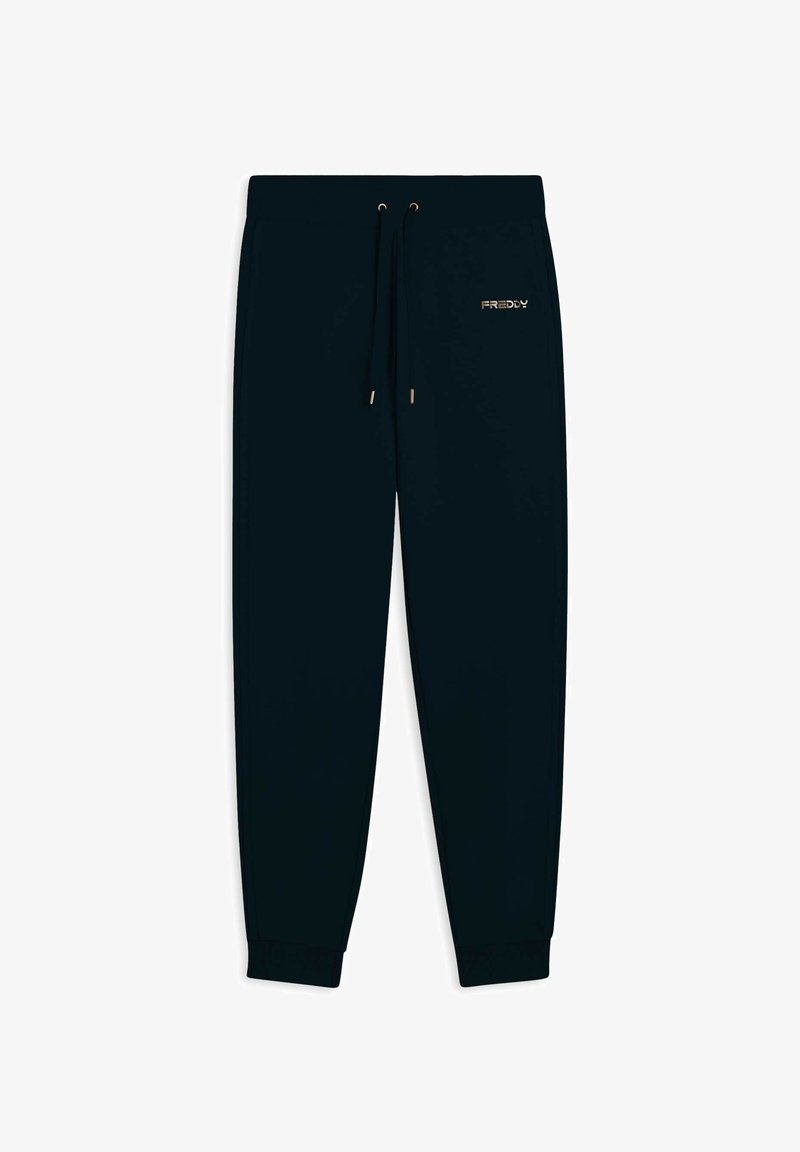 Pantaloni della tuta blu navy con vita regolabile tramite cordino, polsini elastici e dettagli del logo dorato. Tessuto morbido, design affusolato e stile casual.