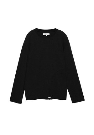 Crni pulover s dugim rukavima od teksturirane tkanine, s zaobljenim izrezom i suptilnom oznakom brenda na donjem rubu.