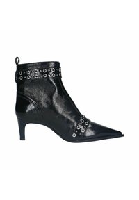Black patent leather ankle boot with a pointed toe, featuring metallic eyelet accents on a cuff and a slim, short heel.