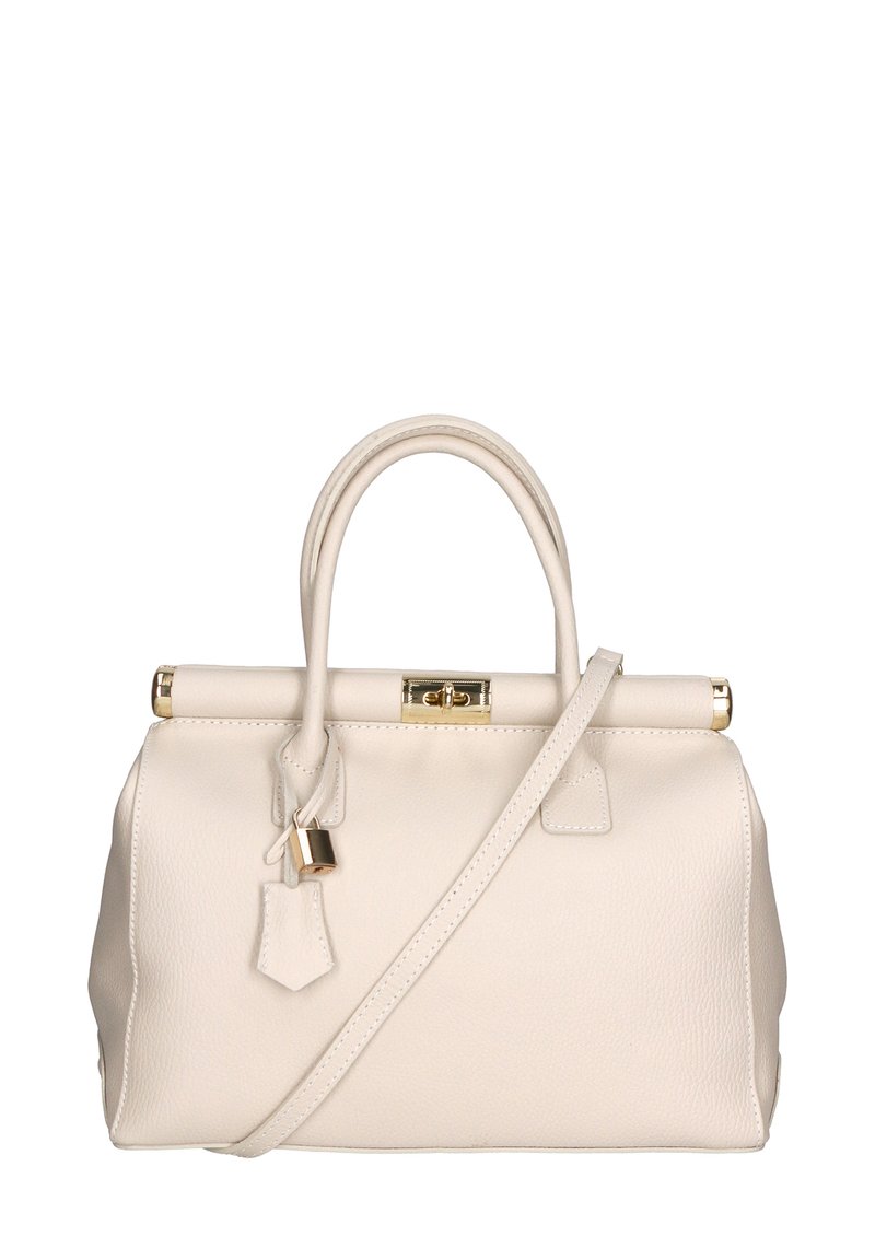 Borsa a mano in pelle crema con un design strutturato, doppio manico superiore, tracolla removibile, hardware dorato e dettaglio con lucchetto.