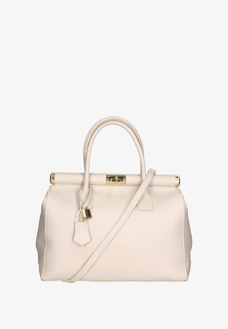 Borsa a mano in pelle crema con un design strutturato, doppio manico superiore, tracolla removibile, hardware dorato e dettaglio con lucchetto.