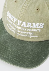 Green and tan baseball cap with white embroidered text. Features a slightly textured fabric and contrasting stitching on the visor.