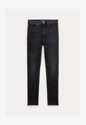 Jeans negros de corte ajustado, fabricados en denim, con un clásico diseño de cinco bolsillos, textura desgastada y acentos metálicos en los bolsillos y la cremallera.