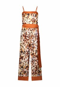 Luipaardprint jumpsuit met spaghettibandjes, oranje satijnen afwerking, wijde pijpen en een bijpassende riem voor een verstelbare pasvorm. Soepele, lichte stof.