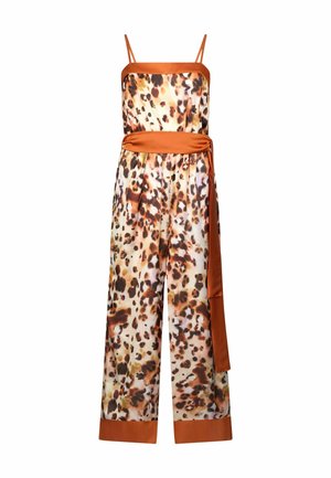 Jumpsuit imprimé léopard avec bretelles spaghetti, finition satin orange, jambes larges et une ceinture assortie pour un ajustement réglable. Tissu lisse et léger.