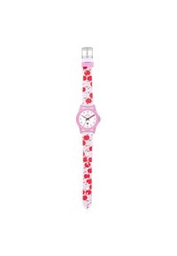 Pink watch with a round case, white dial, featuring red apple patterns on the silicone strap, secured with a silver metal buckle.