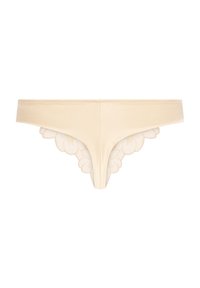 Beige stringondergoed met een gladde voorkant en delicate bloemenkant rand langs de zijkanten en achterkant.