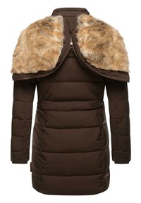 Brown puffer coat with a detachable tan faux fur collar, featuring quilted texture, long sleeves, and a fitted design with side buttons.